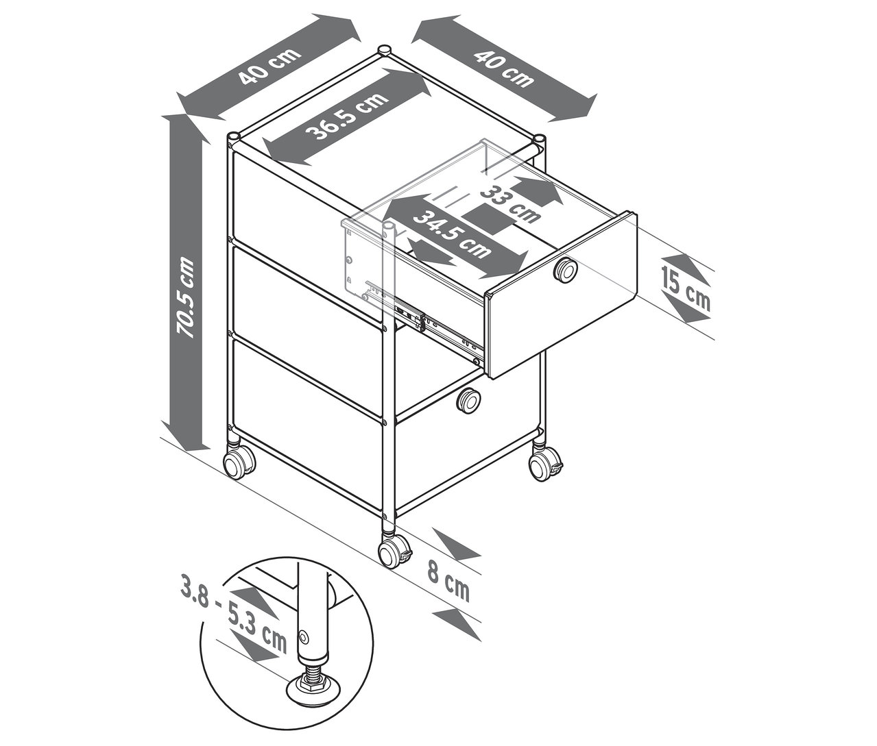 Egy vázlat egy görgős tárolóról CN3 3 fiókkal, az egyik nyitva van. A méretek centiméterben vannak megadva.