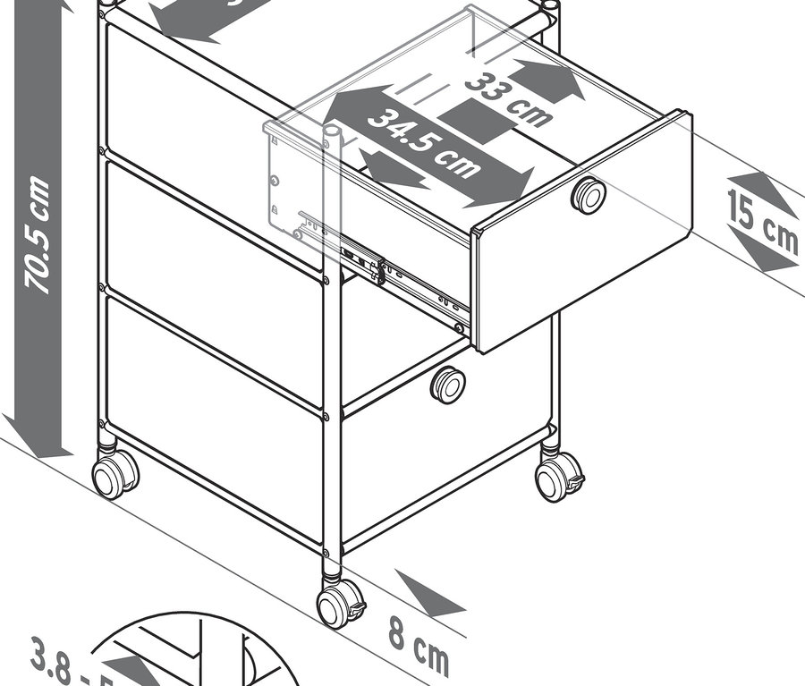 Egy vázlat egy görgős tárolóról CN3 3 fiókkal, az egyik nyitva van. A méretek centiméterben vannak megadva.