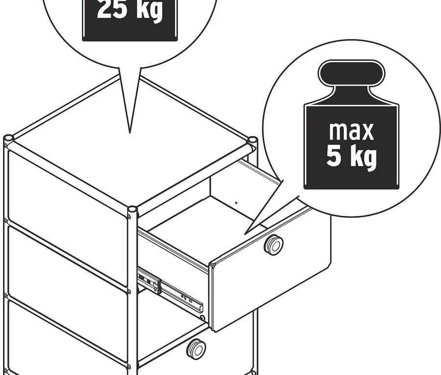 Görgős, háromfiókos gurulós konténer vonalrajza; a felső fiók nyitva van. A felső felület terhelhetősége max. 25 kg, a fióké max. 5 kg.