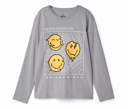 Szürke SMILEYWORLD® hosszú ujjú gyerekfelső, nyomtatott mintával: három torzított sárga smiley arc fehér keretben, felette "CHOOSE ADVENTURE", alatta "SMILEY WORLD".
