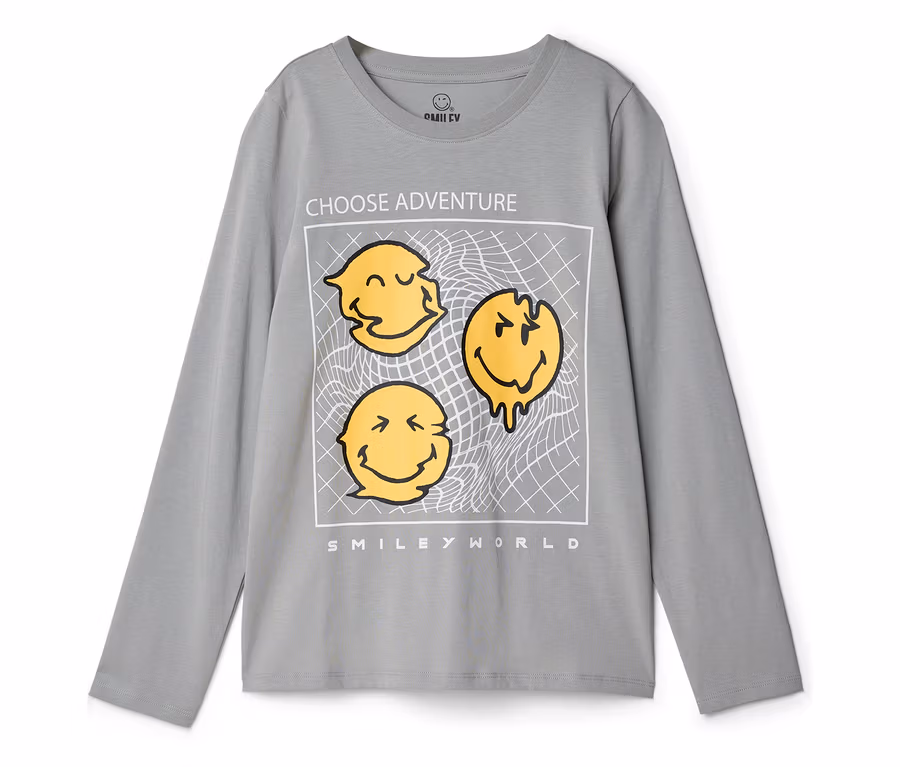 Szürke SMILEYWORLD® hosszú ujjú gyerekfelső, nyomtatott mintával: három torzított sárga smiley arc fehér keretben, felette "CHOOSE ADVENTURE", alatta "SMILEY WORLD".