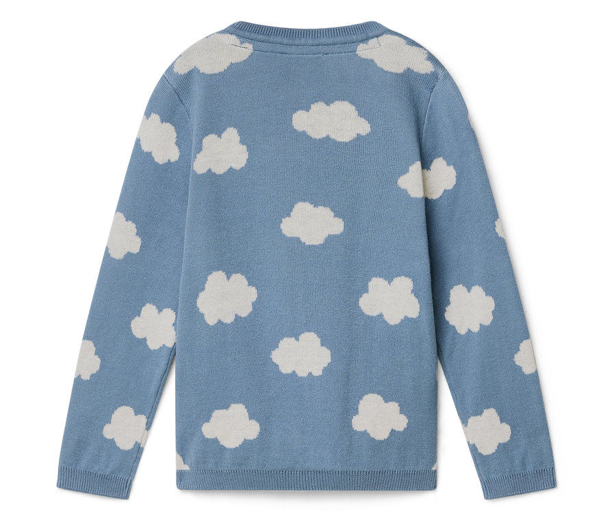 Világoskék pulóver fehér felhő mintával.