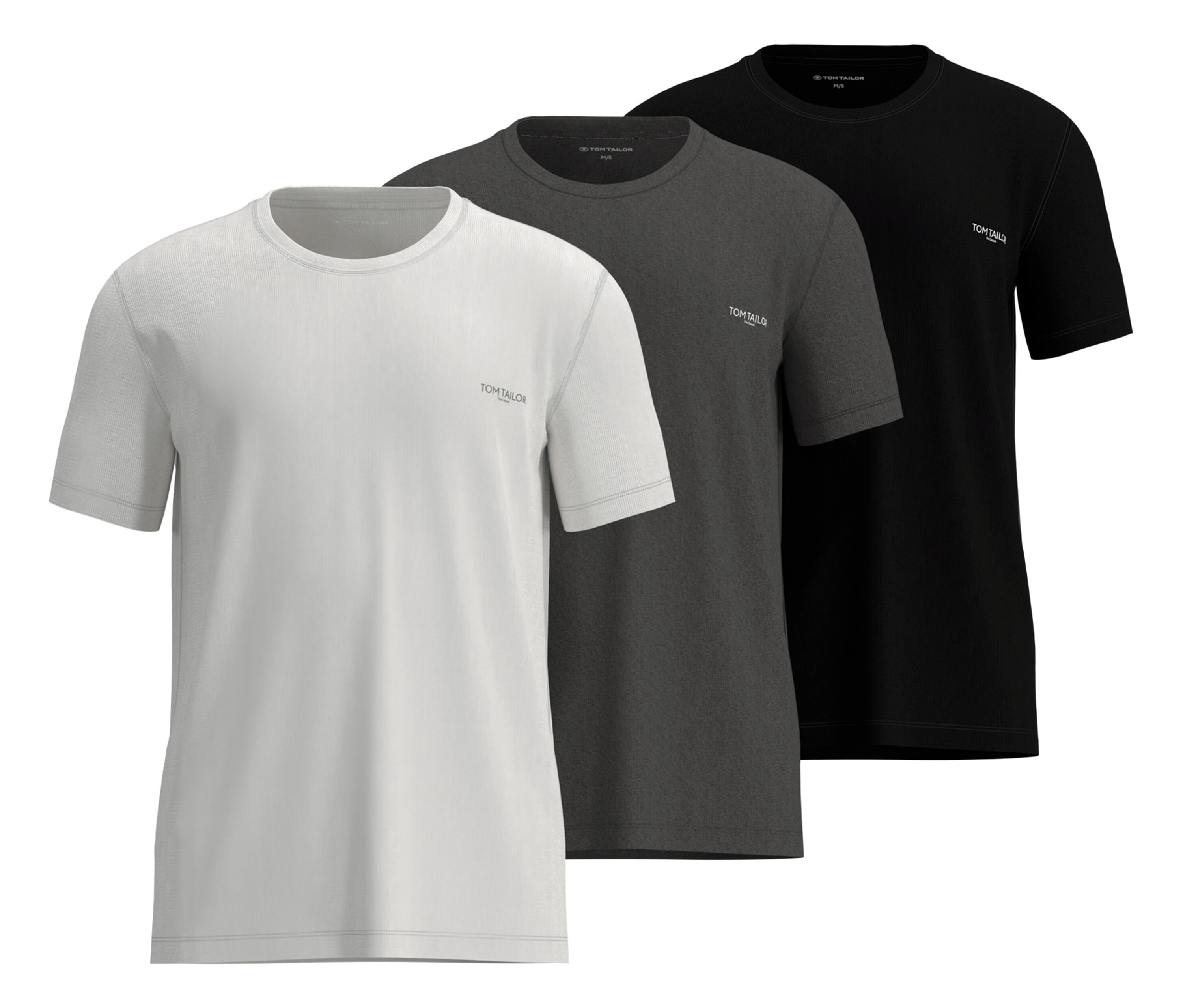 Három Tom Tailor »Ohio« póló egymásra halmozva, fehér, szürke és fekete színben.