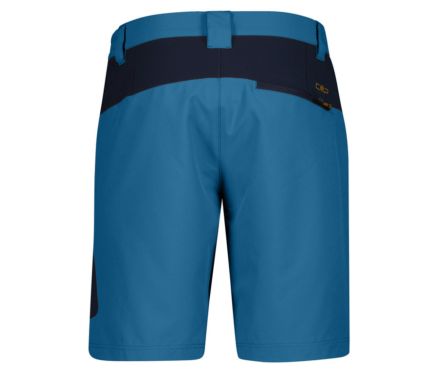 Kék CMP Herren-4-Wege-Stretch-Bermuda-Shorts rövidnadrág hátulnézetének közeli képe, sötétkék derékpánttal.