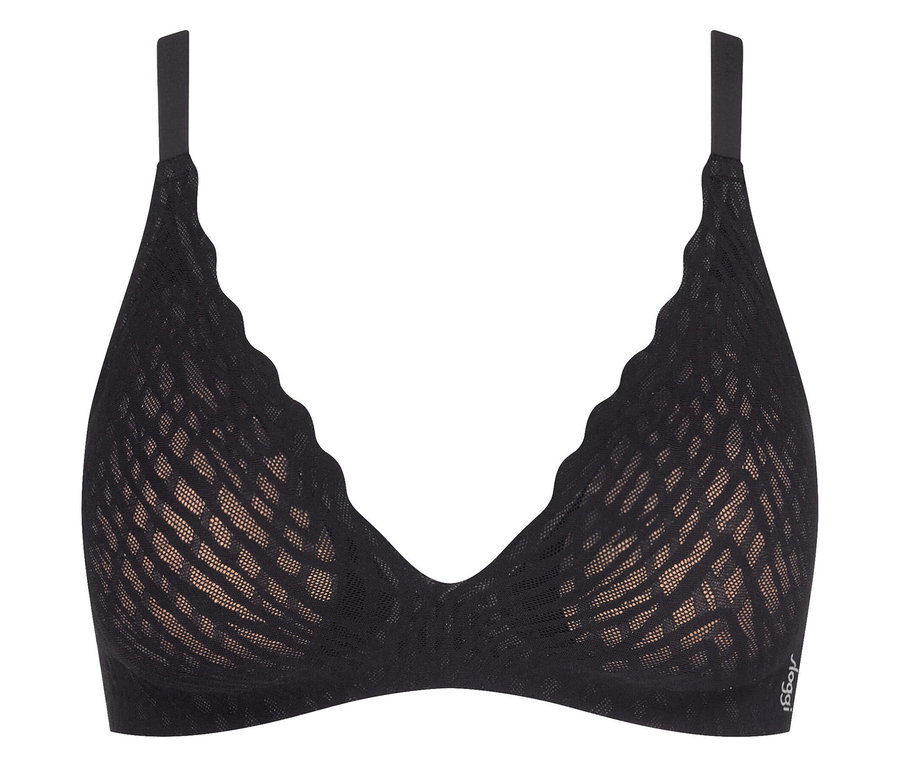 Fekete melltartó halter nyakpántokkal és átlátszó hálóval.