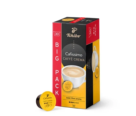 Caffè Crema mild – 30 db-os kávékapszula csomagolása. A doboz piros-fekete-sárga. Egy kapszula a csomag mellett fekszik.