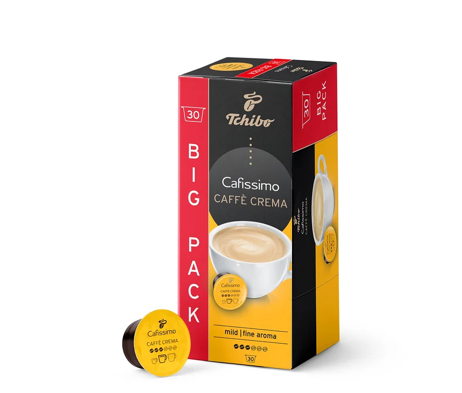 Caffè Crema mild – 30 db-os kávékapszula csomagolása. A doboz piros-fekete-sárga. Egy kapszula a csomag mellett fekszik.