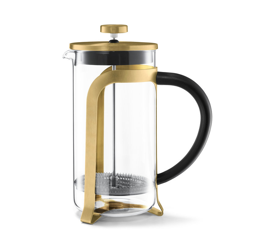 Egy arany színű, 800 ml-es, 6 csészés dugattyús kávéfőző fekete fogantyúval, fehér háttér előtt.