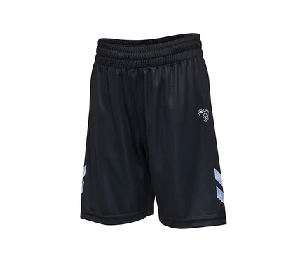Fekete hummel® HML Shimmer Shorts rugalmas derékpánttal, fehér logóval és irizáló chevron csíkokkal az oldalán.