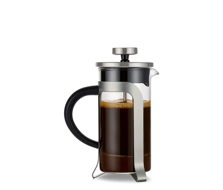 Egy ezüst színű, 300 ml-es, 2 csészés dugattyús kávéfőző.