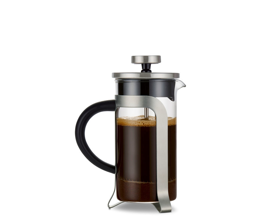 Egy ezüst színű, 300 ml-es, 2 csészés dugattyús kávéfőző.