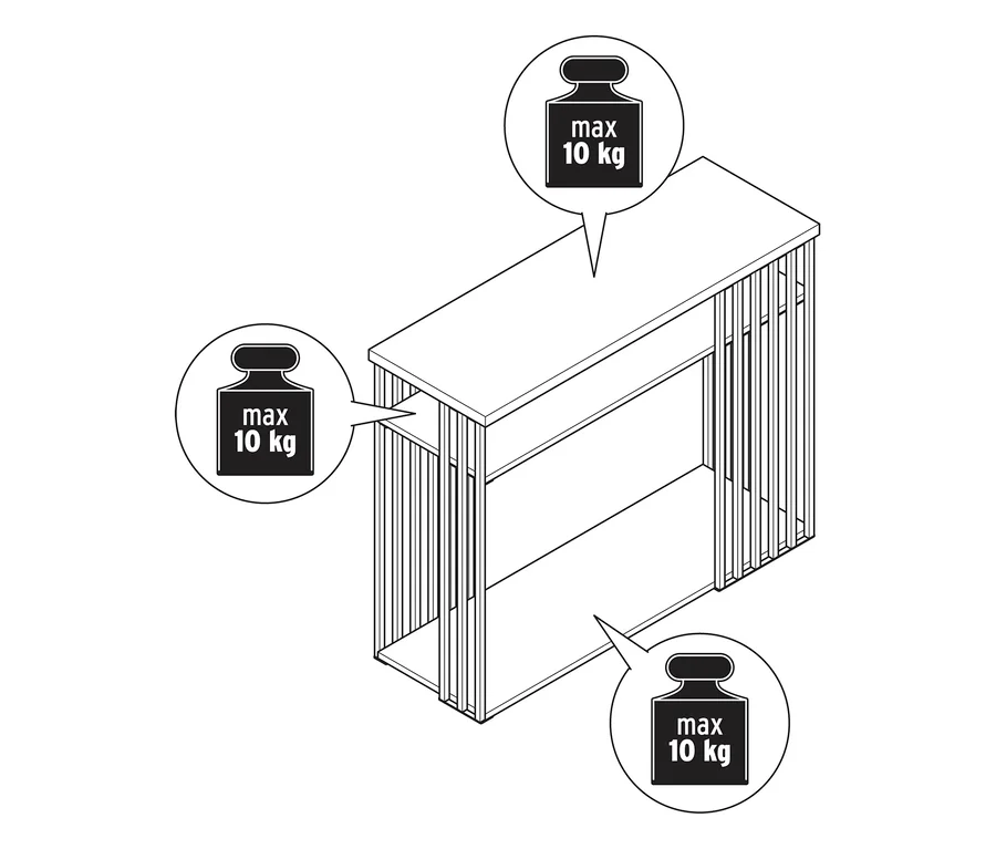 Konzolasztal, amely három szinten egyenként 10 kg maximális teherbírással rendelkezik.