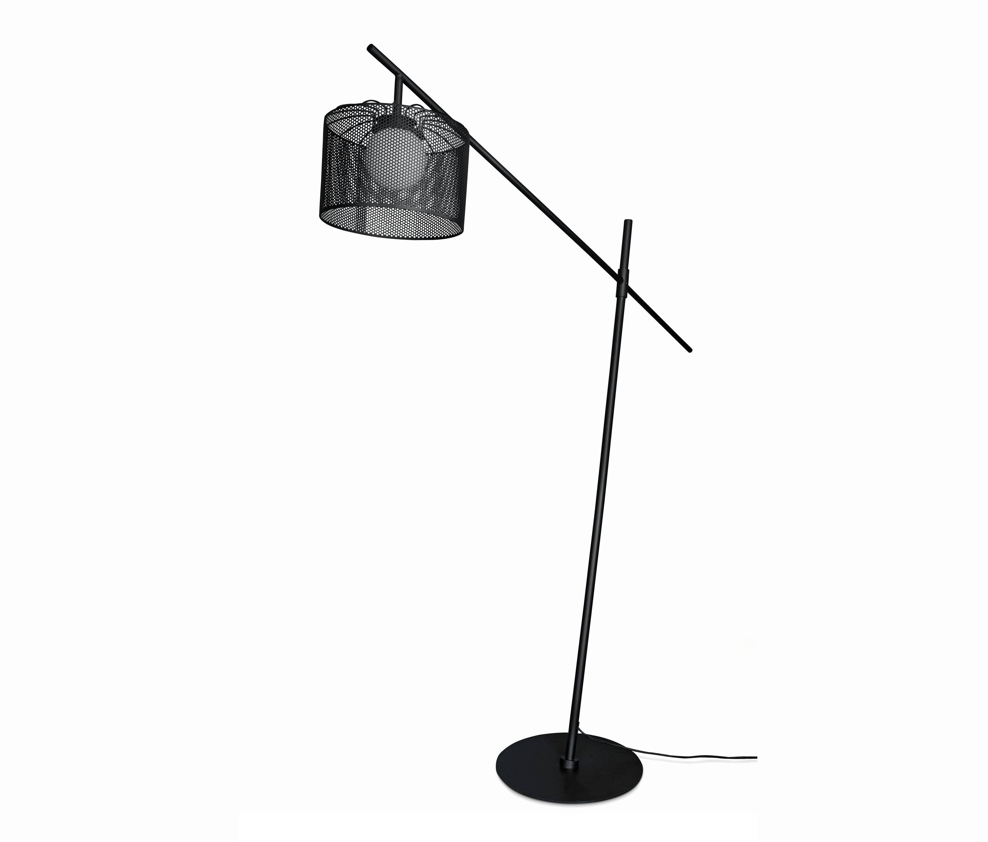 Fekete kültéri LED-es állólámpa, ívelt szárral és kerek talppal.