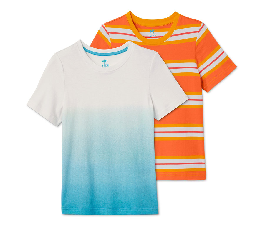 Két póló: egy fehér, kék átmenettel, egy narancssárga csíkos.