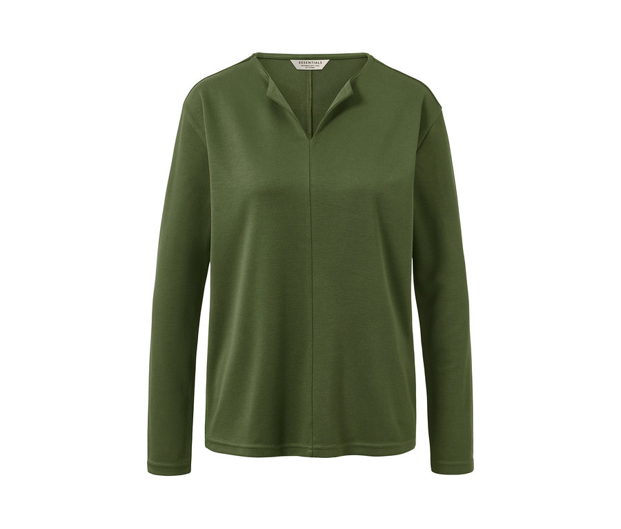 Egy olívazöld, V-nyakú női hosszú ujjú pólóblúz.