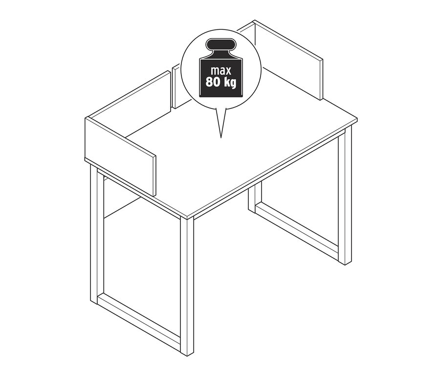 Egy szürke és fehér írókomód rajza oldalsó peremmel. A maximális terhelhetőség 80 kg.