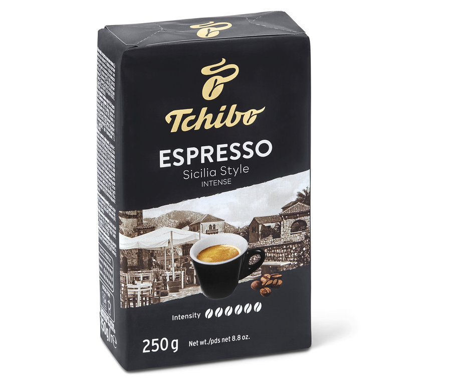 Egy csomag Tchibo Espresso Sicilia Style 250g őrölt, pörkölt kávé.