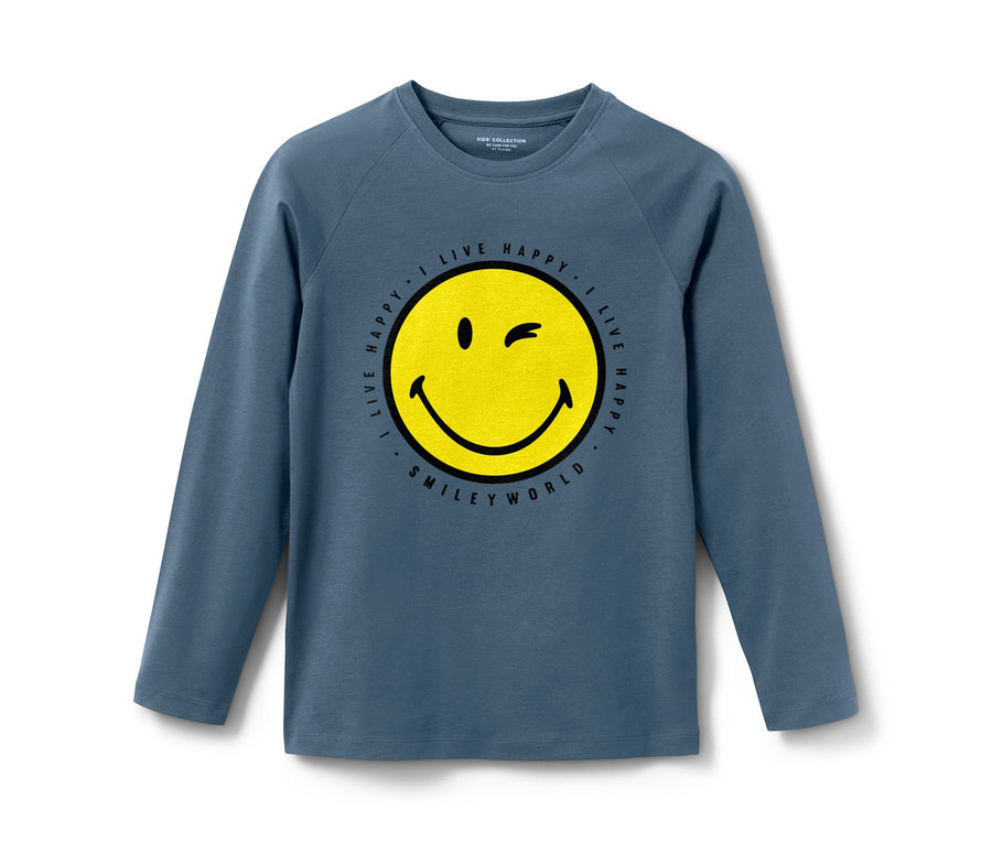 Kék gyerek pizsama »Smiley« sárga mosolygós nyomtatással, hosszú ujjakkal.