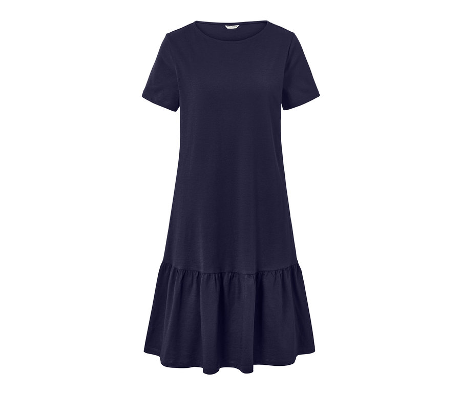 Sötétkék jerseyruha, fodrokkal.