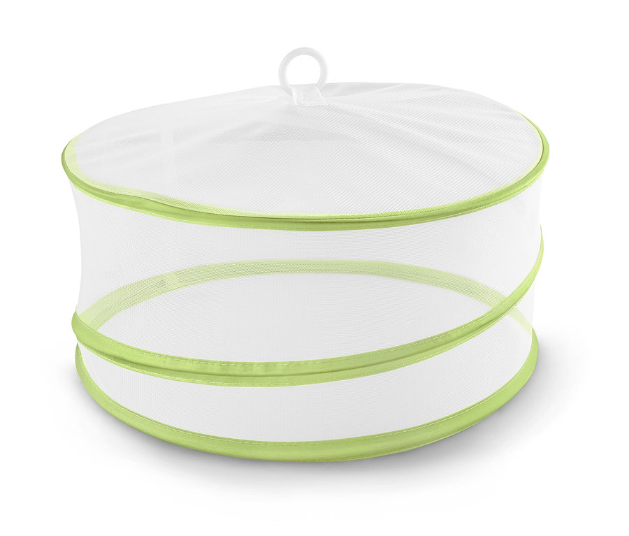 Fehér, összehajtható ételfedő háló, lime zöld szegéllyel.