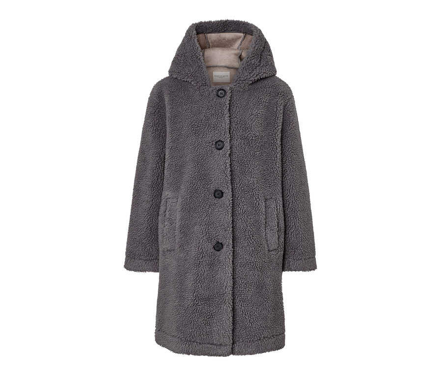 Szürke, kapucnis női plüsskabát.