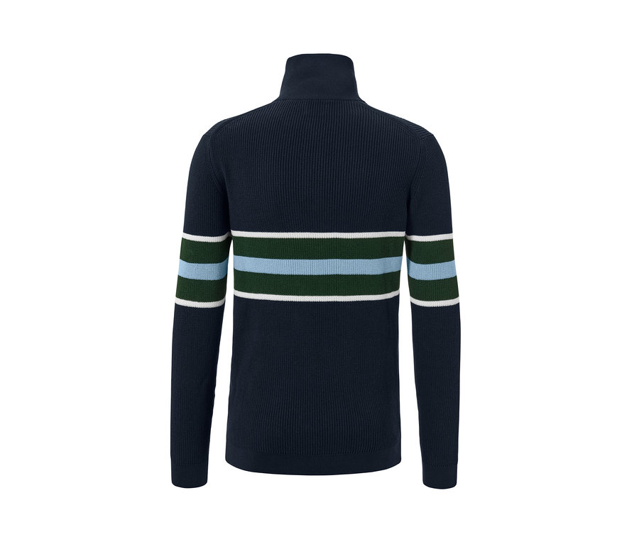 Sötétkék, állógalléros férfi pulóver zöld, kék és fehér csíkokkal.