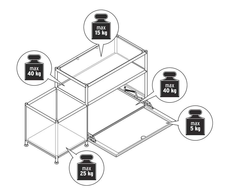 Egy »CN3« fém zsúrkocsi rajza fiókkal, súlykorlátozásokkal.