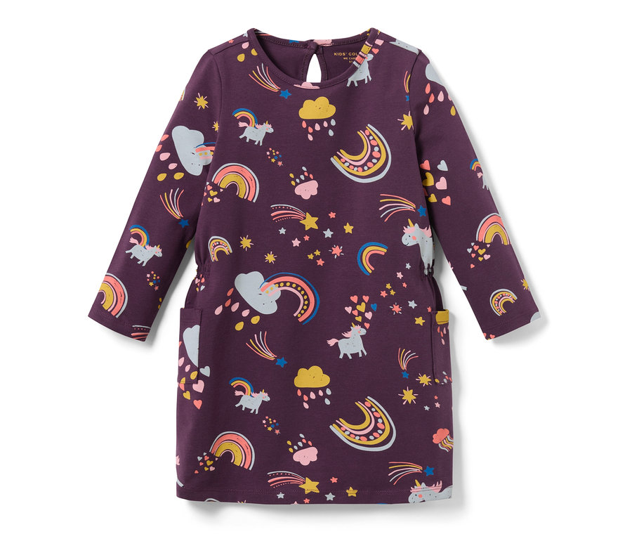Lila, hosszú ujjú kislány dzsörzéruha szivárvány, unikornis, csillag és felhő mintával.