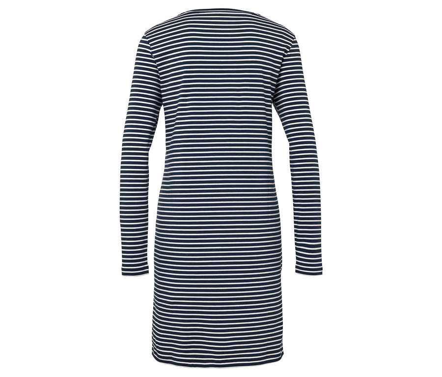 Hátulnézet egy tengerészkék-fehér csíkos, hosszú ujjú ruháról.