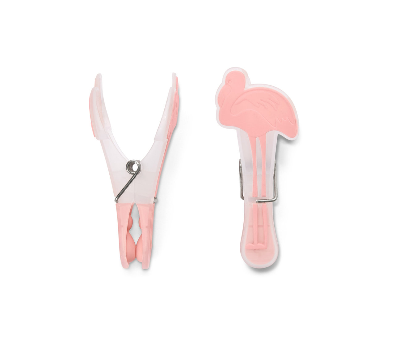 Két ruhacsipesz: egy nyitott és egy flamingó dekorációval.