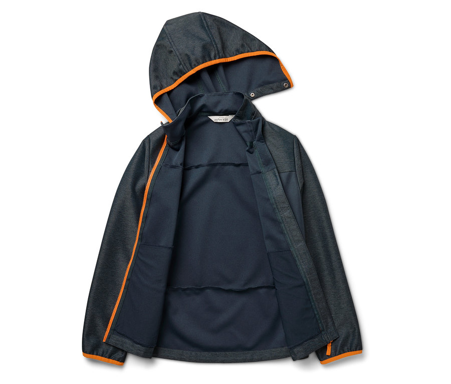 Nyitott, kapucnis Kinder softshell kabát, sötétszürke, narancssárga cipzárral és szegélyekkel.