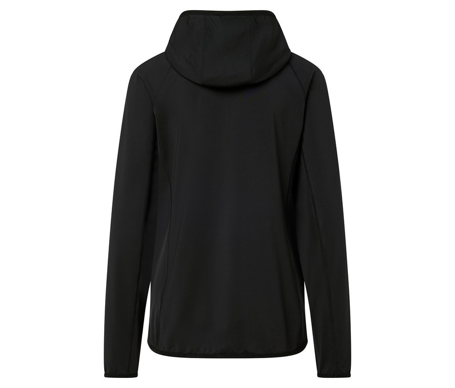 Fekete kapucnis kabát hátulról.