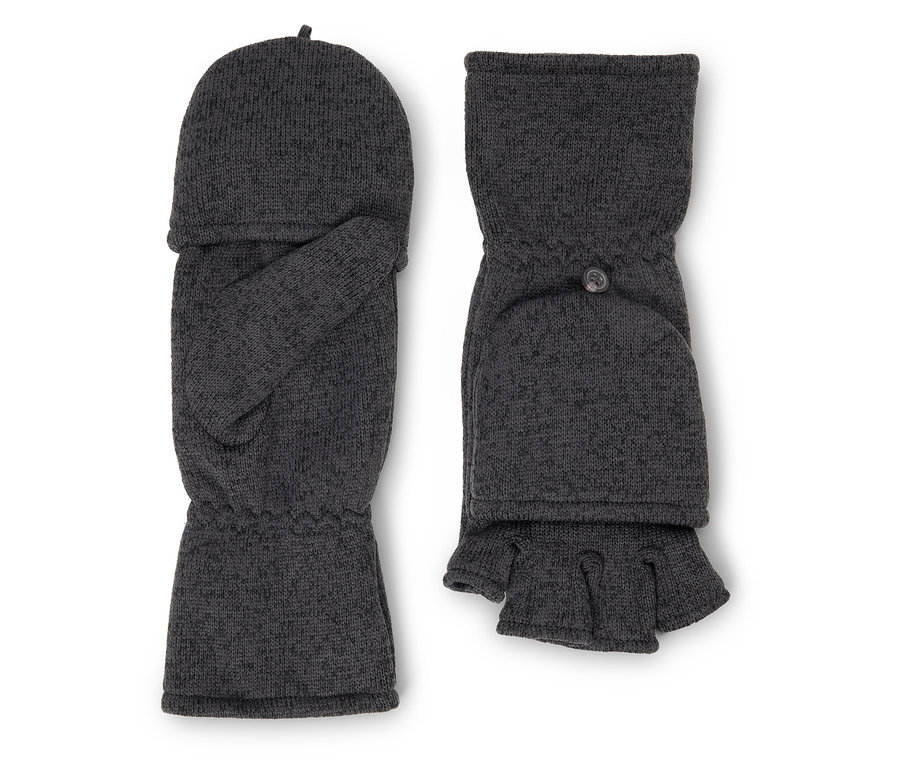 Két szürke kötött ujjatlan kesztyű felhajtható felsőrésszel.