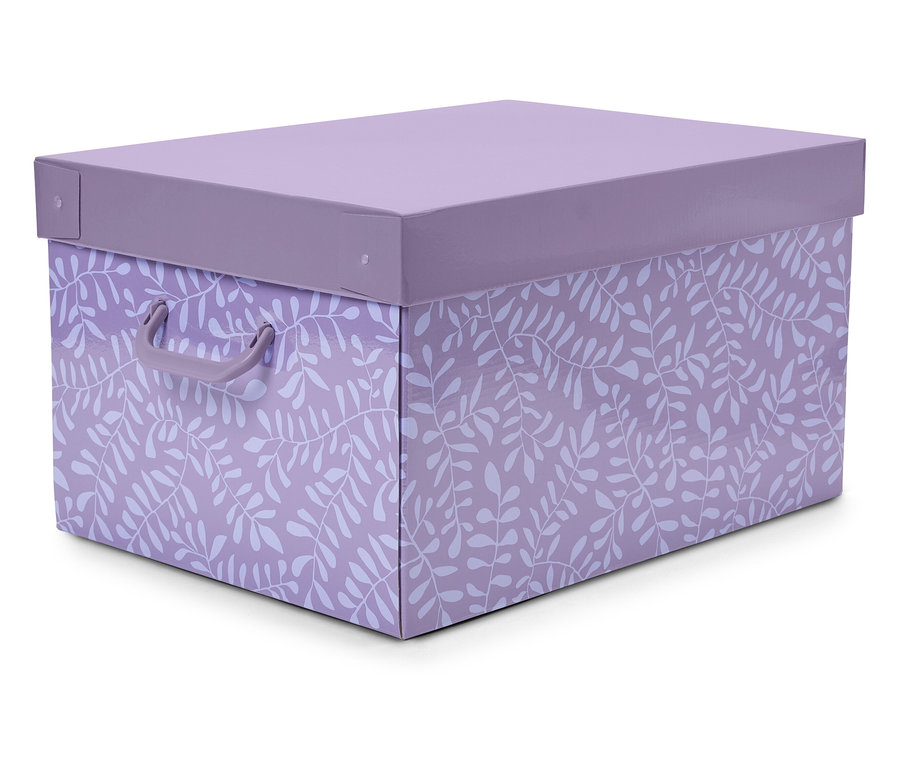 Lila doboz fedővel, fehér növényi mintával.