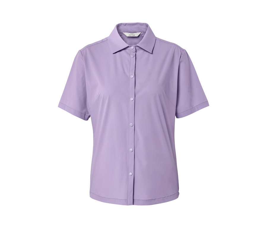 Lila, rövid ujjú, gombos szabadidőfelső.