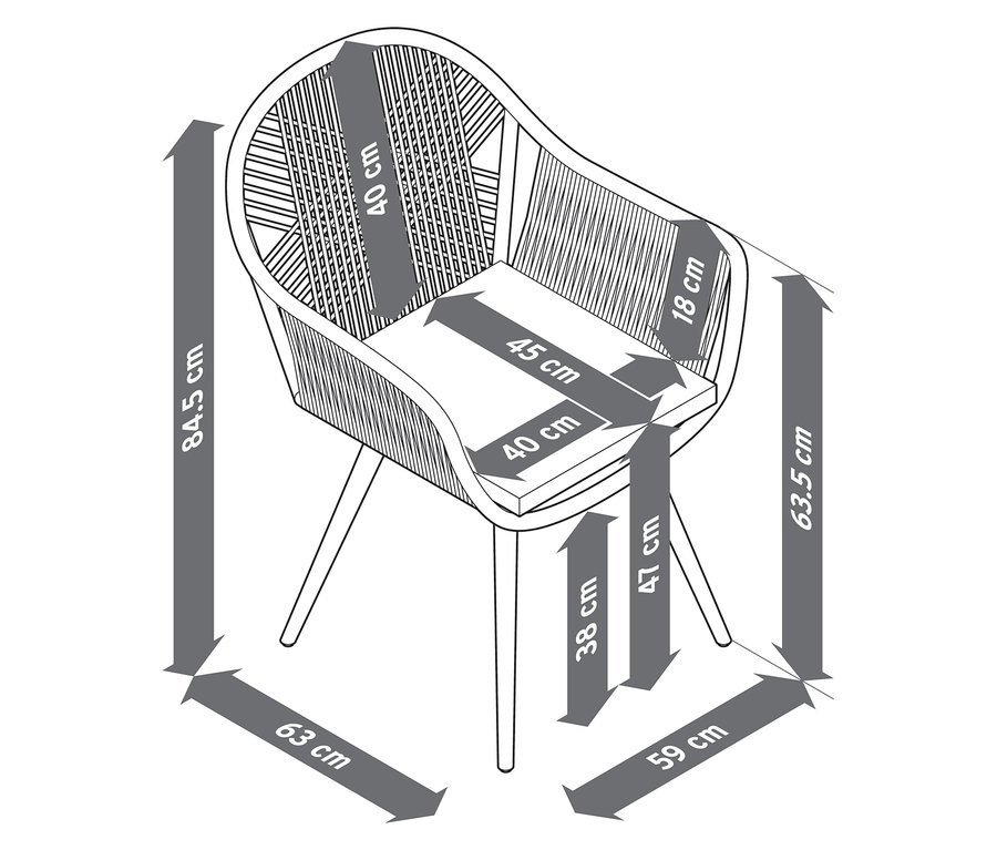 Vázlat egy forgatható, textilhálós karosszék étkezőbe, méretekkel.