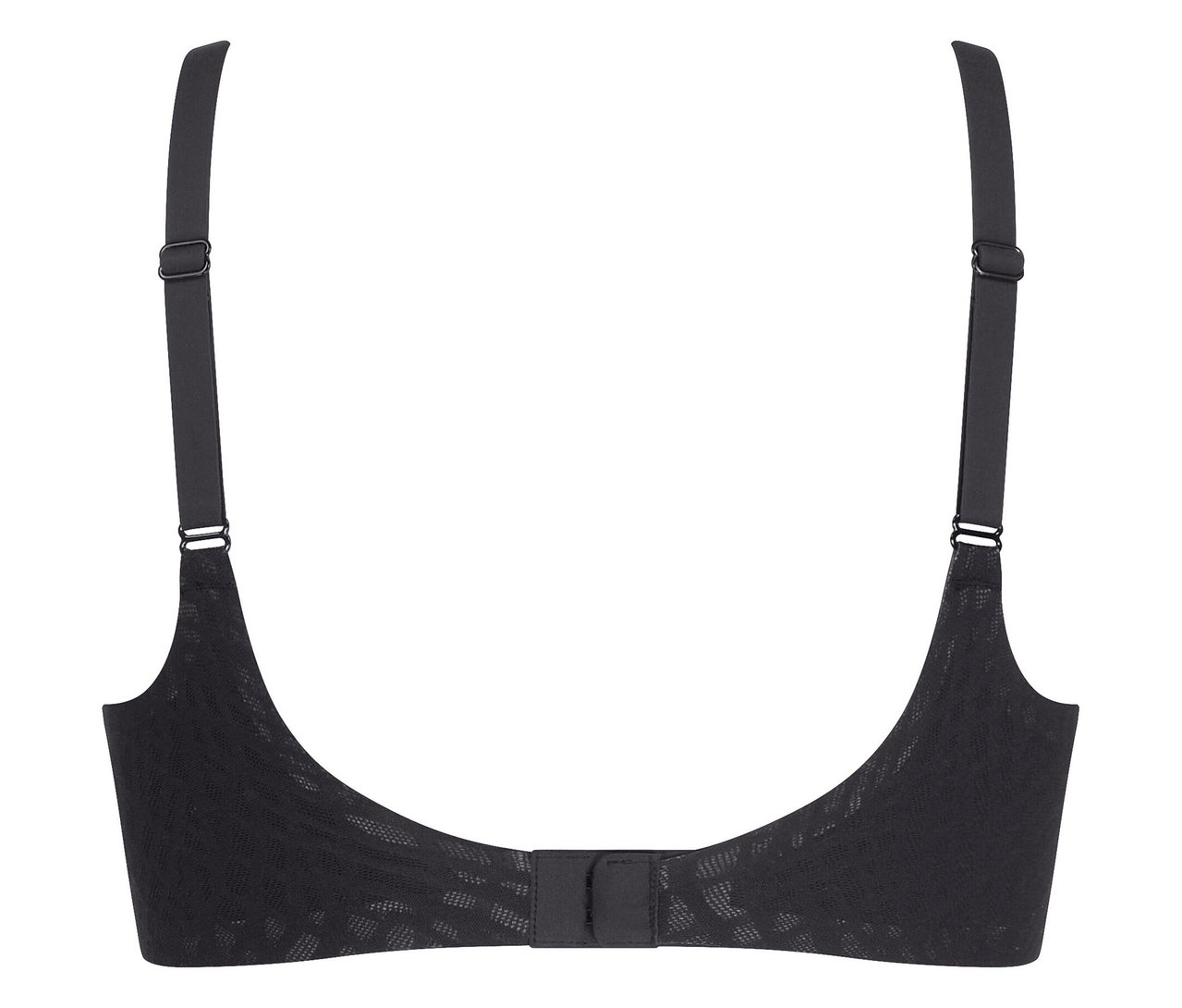 Egy fekete melltartó hátsó nézete, állítható pántokkal és kapcsos záródással.