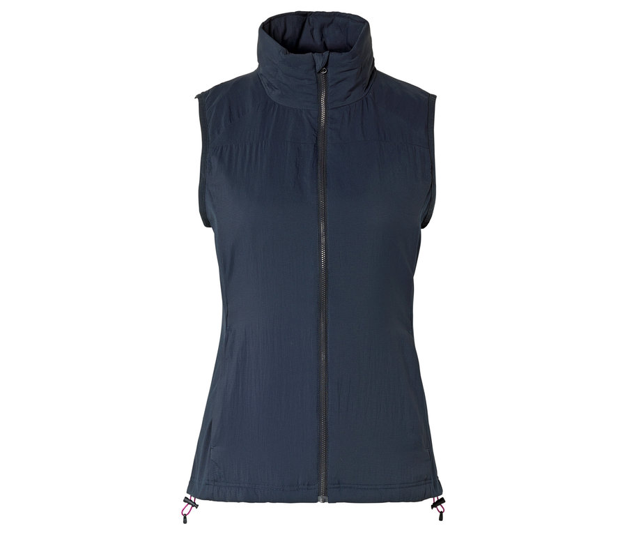 Sötétkék, ujjatlan, steppelt mellény, végig cipzáras, magas nyakkal.