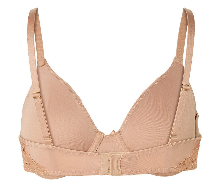 Egy bézs színű melltartó hátulnézetének közeli képe, állítható pántokkal és csipkedíszítéssel.