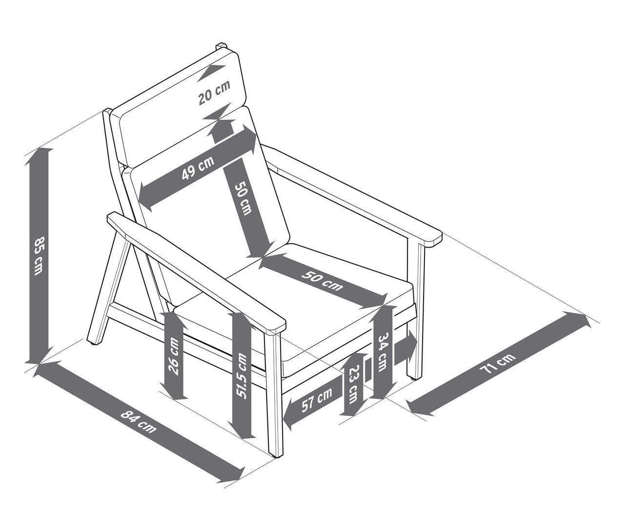 Ábra egy kényelmes, magas háttámlás kerti székhez, lábtartóval, méretekkel.