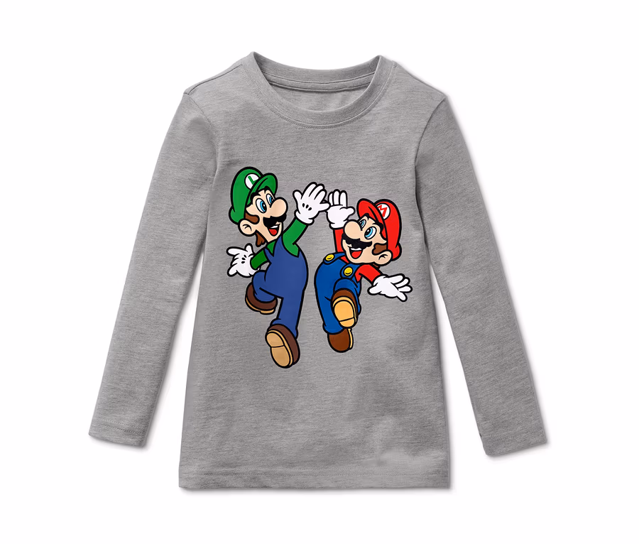Szürke hosszú ujjú póló Super Mario és Luigi mintával.
