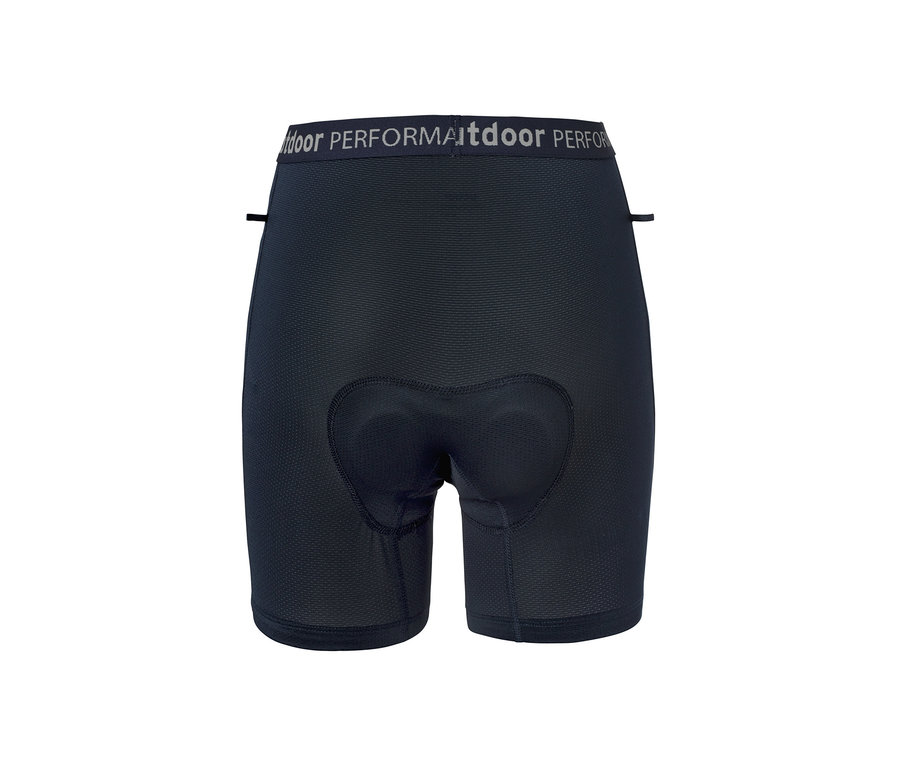 Női kerékpáros alsónadrág, sötétkék színben, közelről.