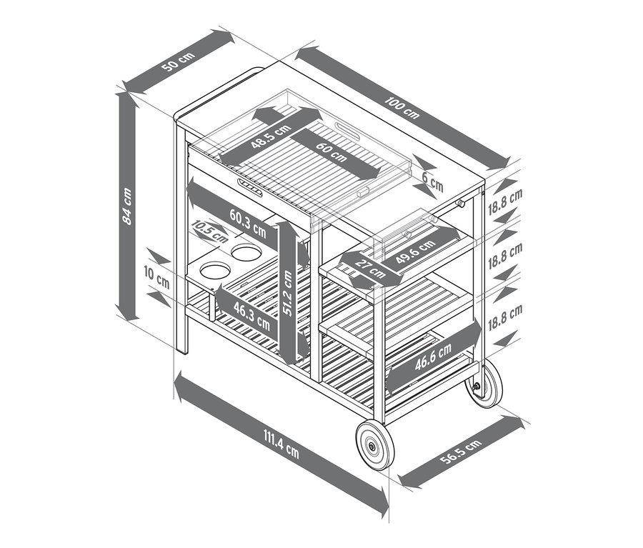 A „Elin” prémium grillkocsi méretei fiókkal és beton munkalappal.