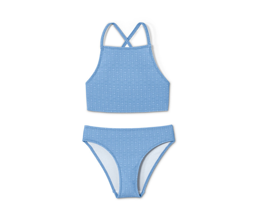 Egy kék bikini szett geometrikus mintával.