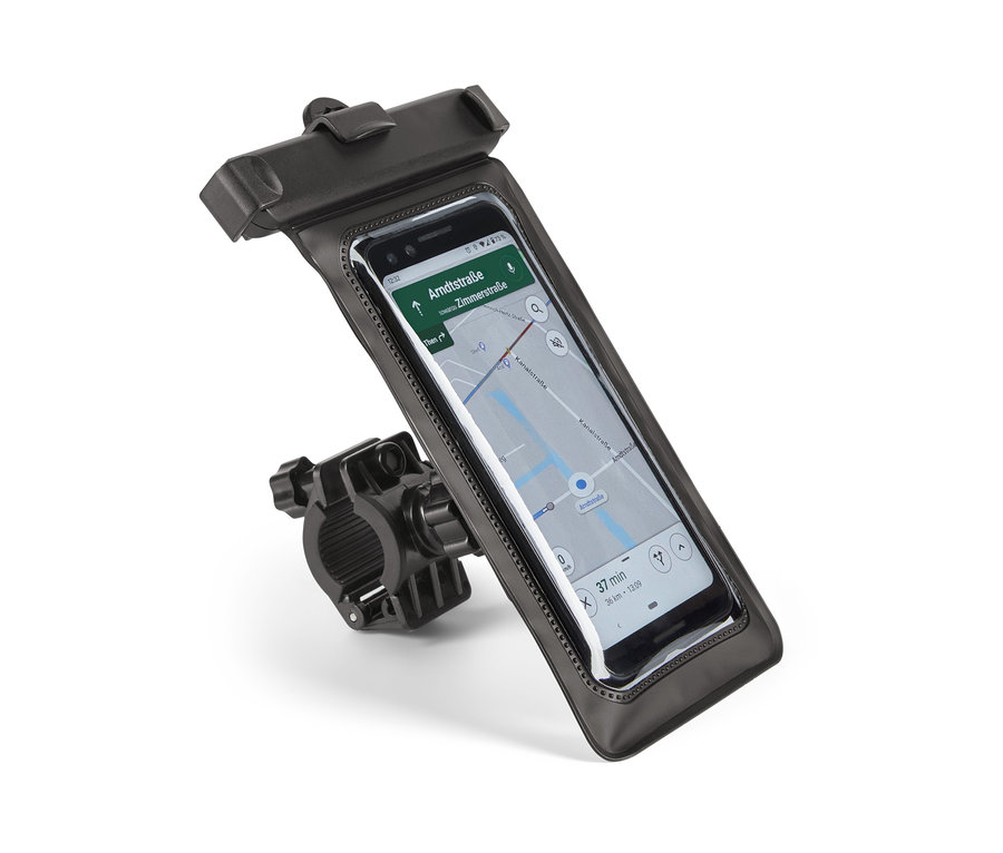 Egy fekete okostelefon-tartó kerékpárhoz, benne egy telefonnal, fehér háttér előtt.