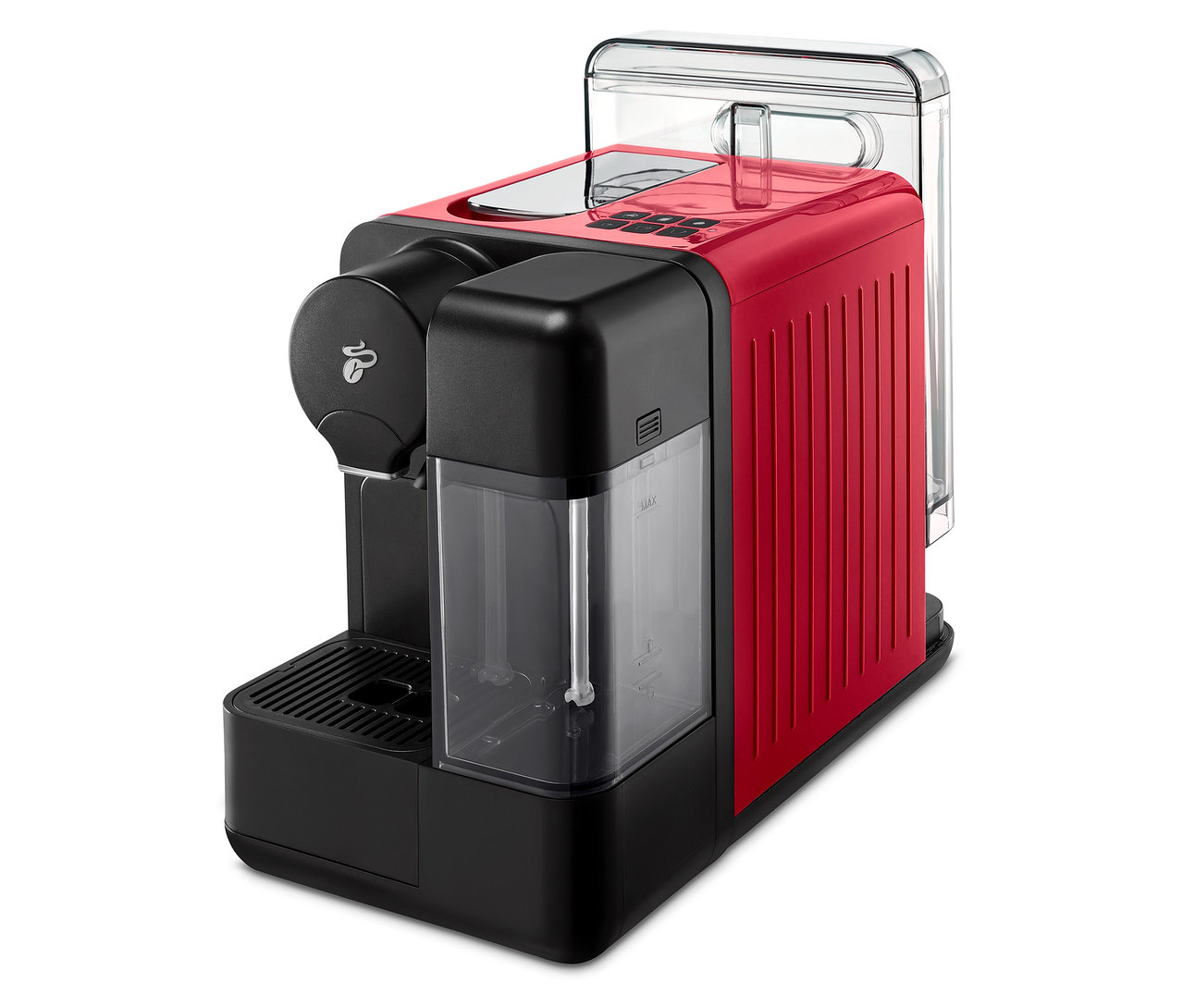 Egy piros Cafissimo milk kávéfőző.