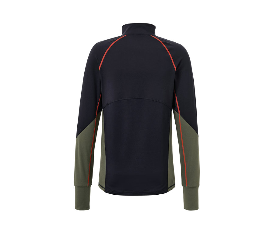 A sötétkék férfi funkcionális termofelső hátsó részletének képe.