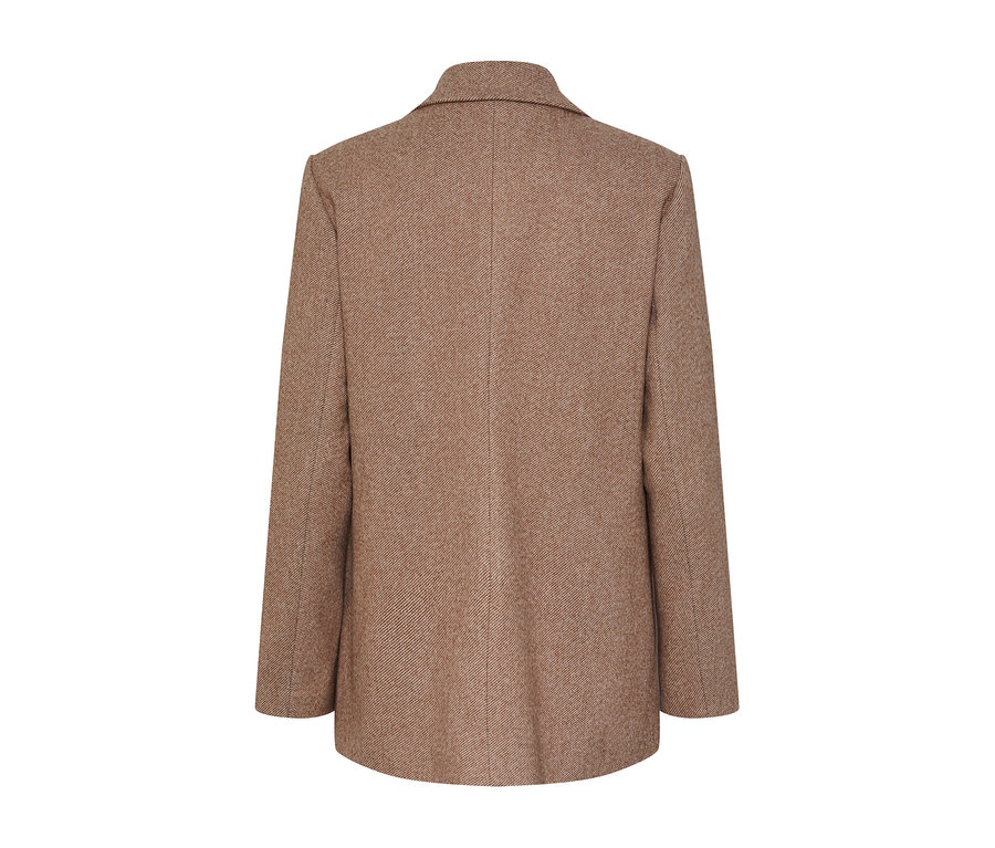 Egy barna női blézer hátulnézeti részlete.