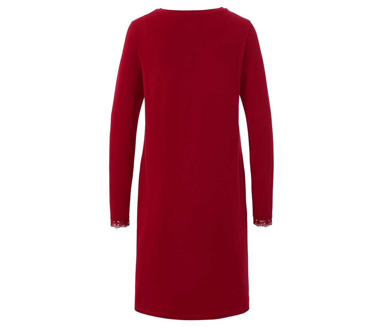 Hátulnézet egy piros, kötött, hosszú ujjú ruháról.