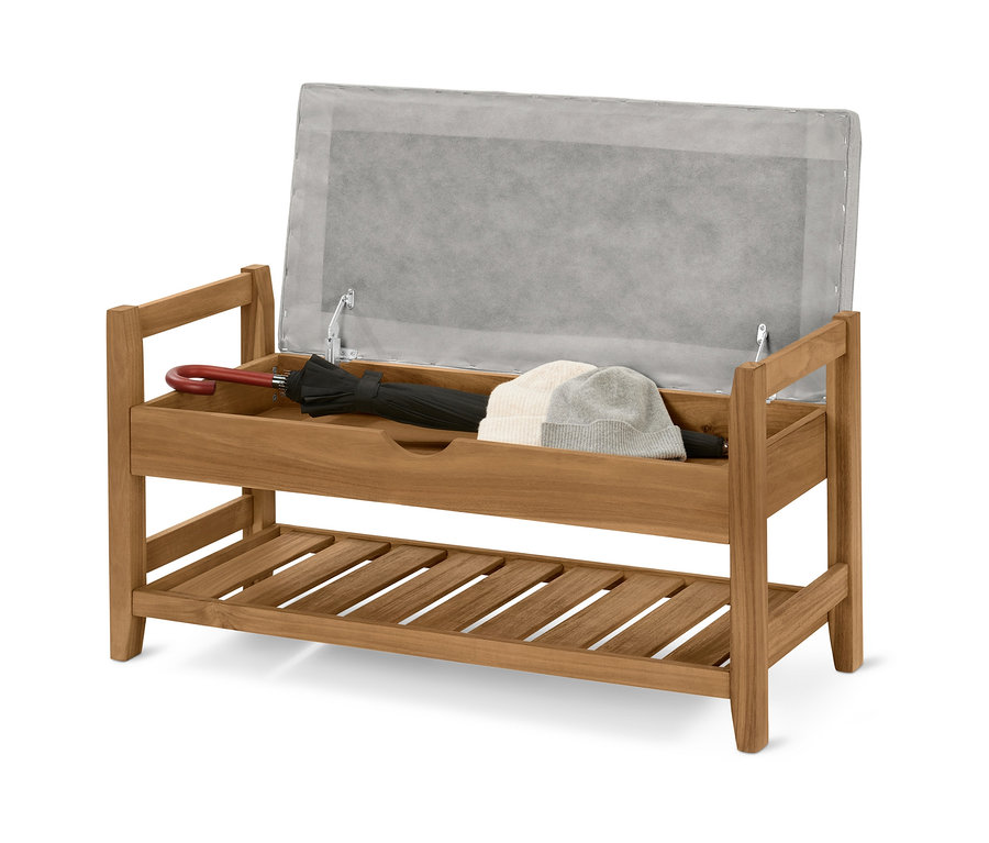 Nyitott, tárolóval rendelkező kárpitozott pad, benne egy esernyő és egy kötött sapka.